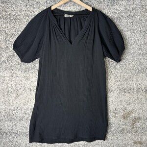 Nation LTD Dress‎ Womens Medium Black Cotton Gauze Mini Shift V Neck Puff Sleeve